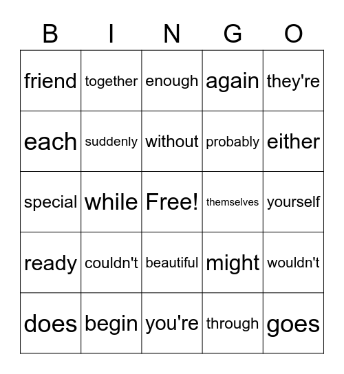 SNAPPY WORD BINGO Card