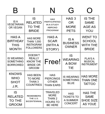 Wedding Guest Bingo Card