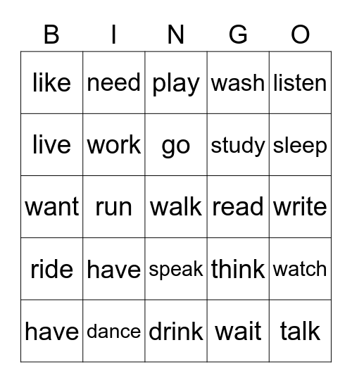 verbs Bingo Card