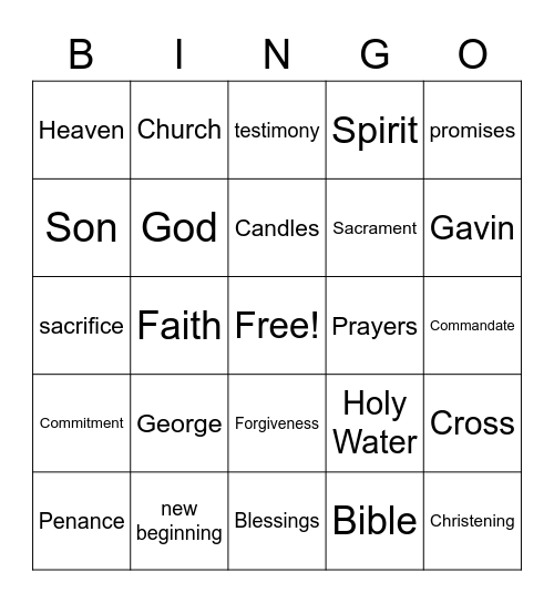 Christening Bingo Card