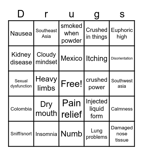 Heroin Abuse Bingo Card