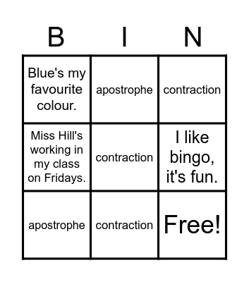 Apostrophes and contractions Bingo Card