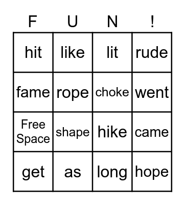 Short and Long Vowels Bingo Card