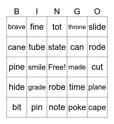 Silent e Bingo Card