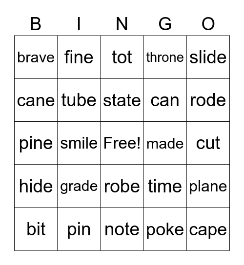 Silent e Bingo Card