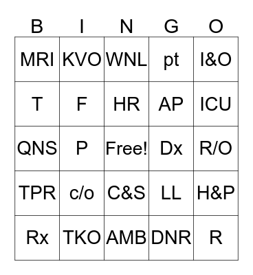 Medical Abbreviations BINGO Card