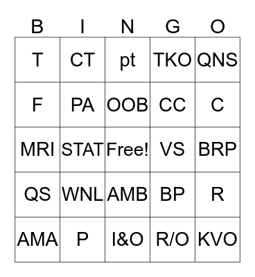 Medical Abbreviations BINGO Card