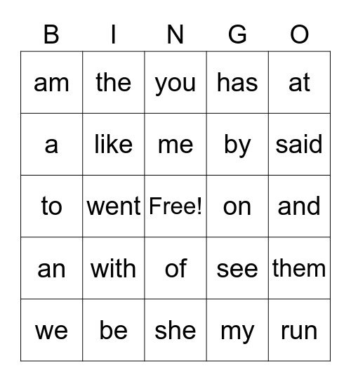 Kindergarten Bingo Card