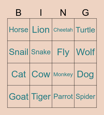 Animal Bingo Card