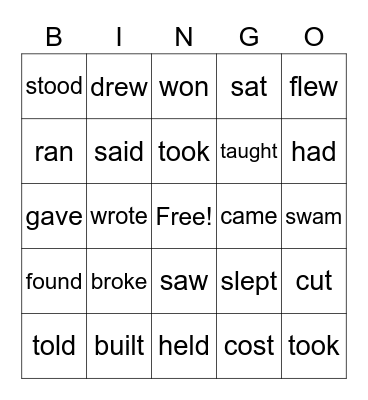 Irregular Verbs Bingo Card