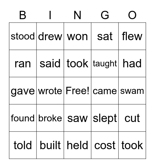 Irregular Verbs Bingo Card