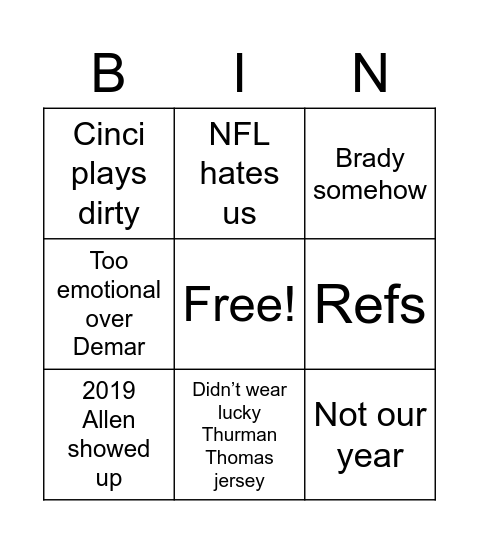 Bills’ Excuse Bingo Card