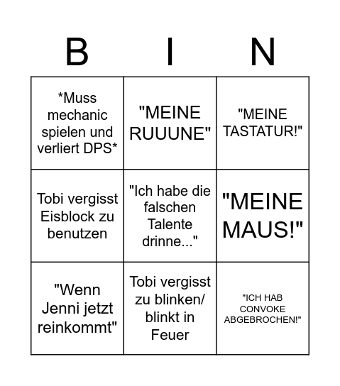 Tobi excuses: Bingo Card