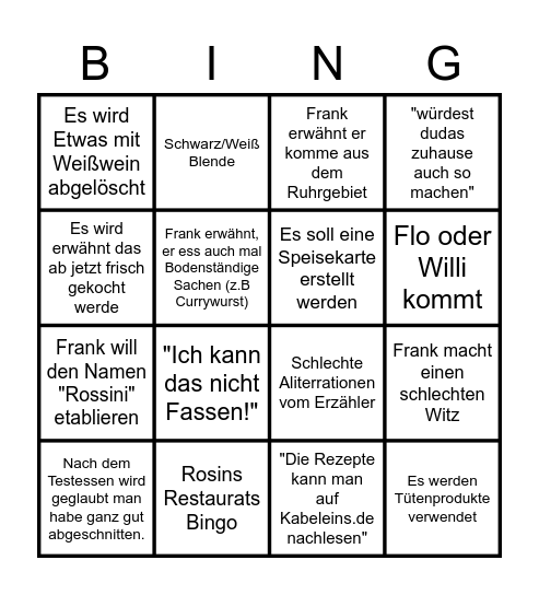 Rosins Restaurant Bingo Card