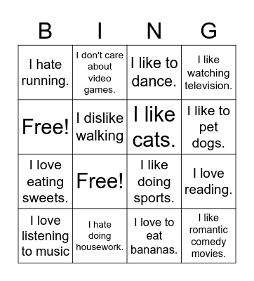 LIKES AND DISLIKES BINGO Card