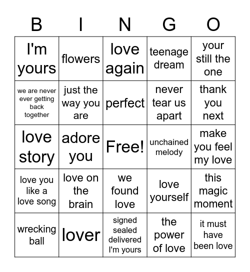 Love/Breakup Songs Bingo Card