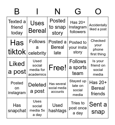 Social media Bingo Card