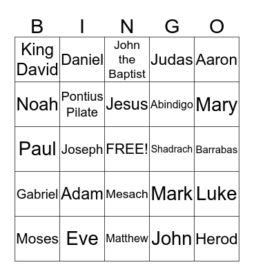 Bible Names Bingo Card