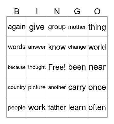 3rd grade Sight Words Bingo Card