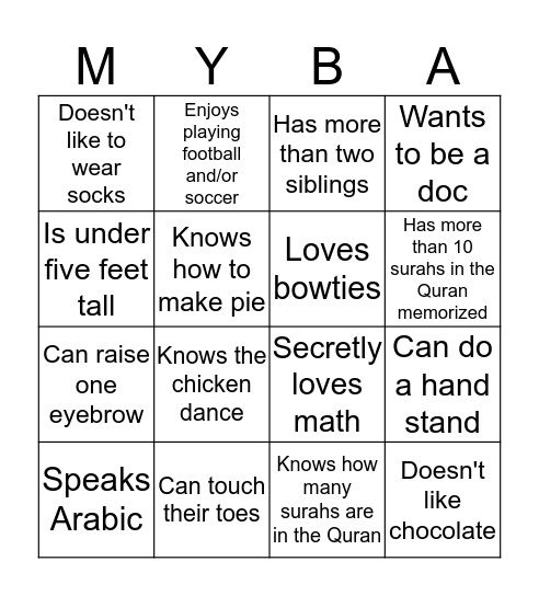 Muslim Youth Buddies Bingo Card