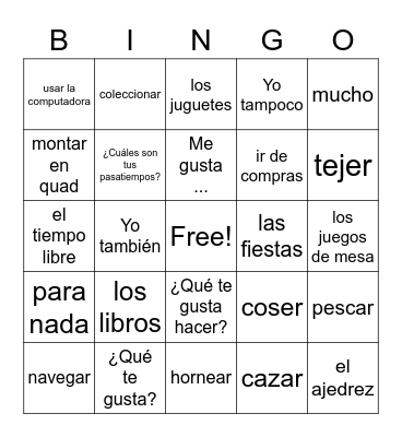 Las actividades y Los pasatiempos Bingo Card