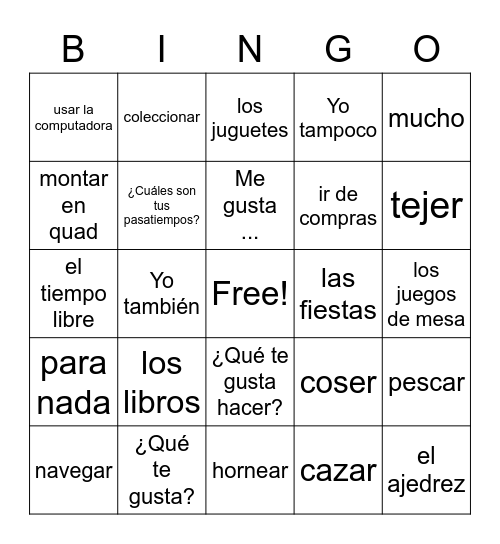 Las actividades y Los pasatiempos Bingo Card