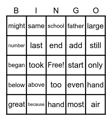 Sight Wod Bingo Card