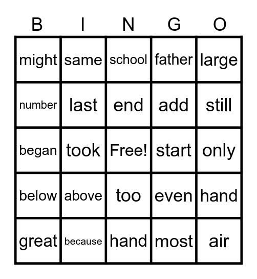 Sight Wod Bingo Card