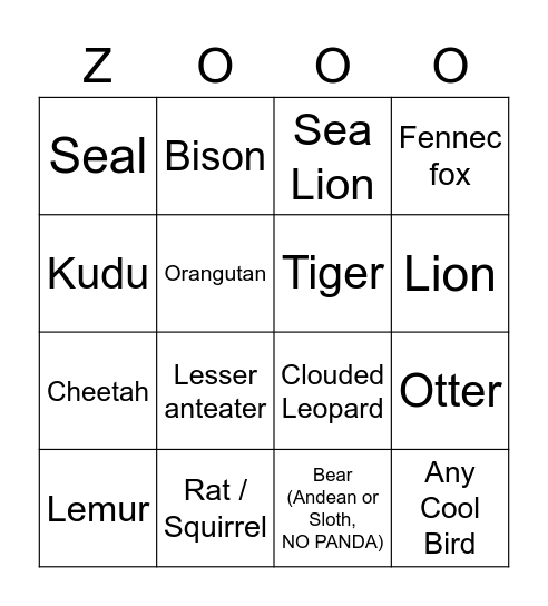 Liz's Favorite Zoo Animals Bingo Card