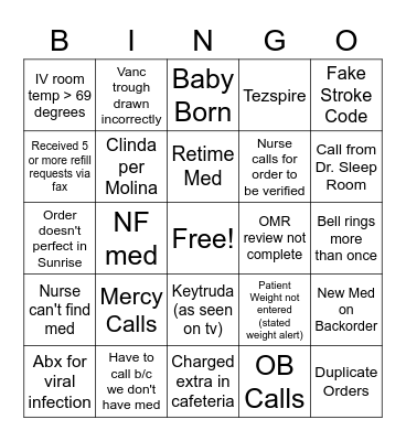 Pharmacy Bingo Card