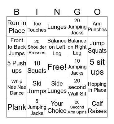 Fitness Bingo  Bingo Card