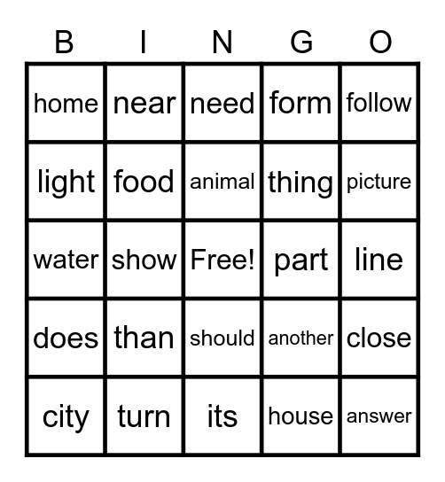 Sight Wod Bingo Card