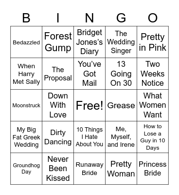 Rom-Com Movie Bingo Card