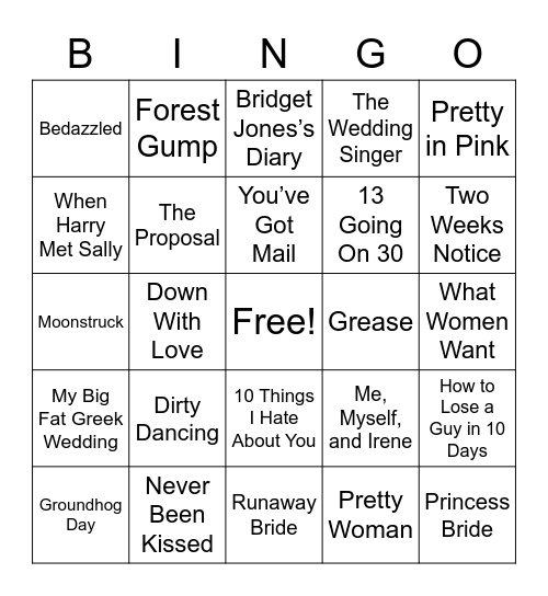 Rom-Com Movie Bingo Card