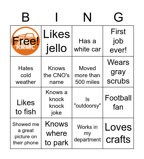 KRMC Ice Breaker Bingo Card