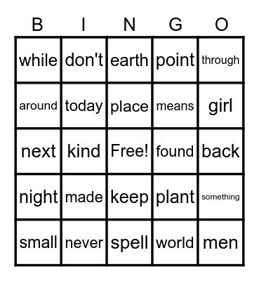 Sight Wod Bingo Card