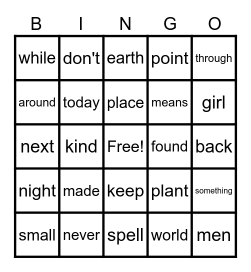 Sight Wod Bingo Card