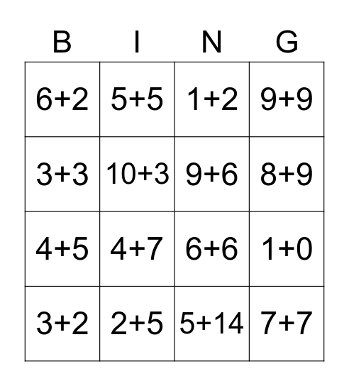 1-20 Additions Bingo Card