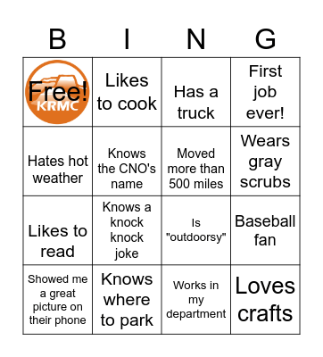 KRMC Ice Breaker Bingo Card