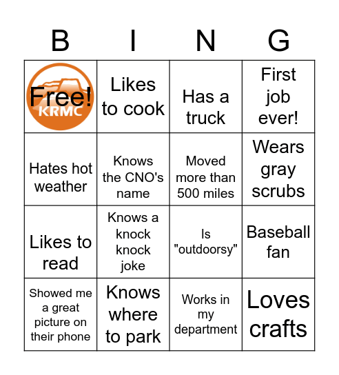 KRMC Ice Breaker Bingo Card