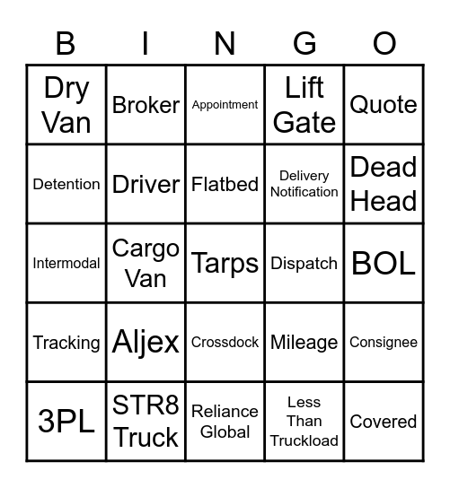 Logistics Bingo Card