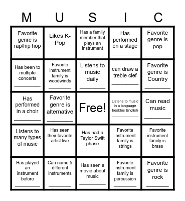 Music Get to Know You Bingo Card