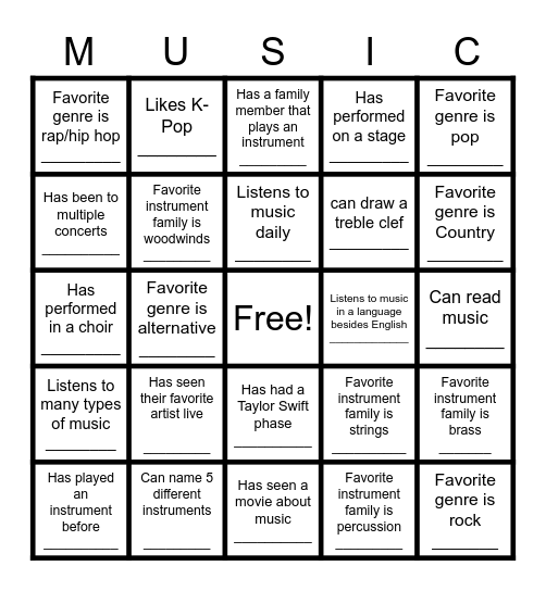 Music Get to Know You Bingo Card