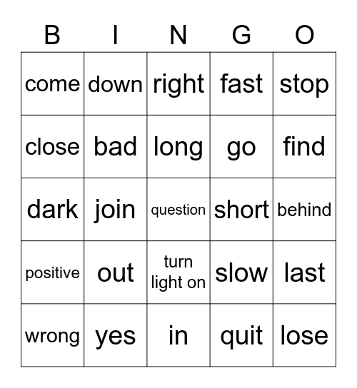 Opposites Bingo Card