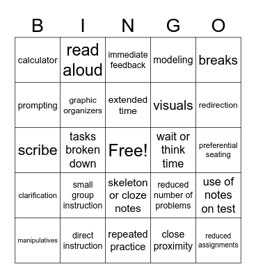 Accommodations Bingo Card