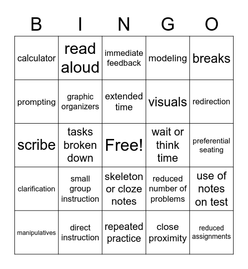 Accommodations Bingo Card