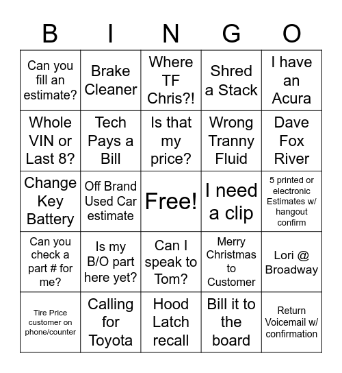 In - Calling for Toyota / Out - Say Hey Bingo Card