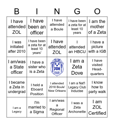 Zeta Phi Beta Sorority Bingo Card