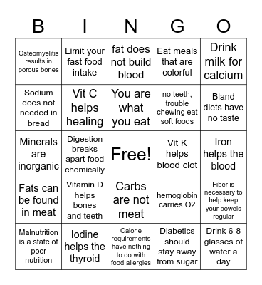 Nutrition Bingo Card