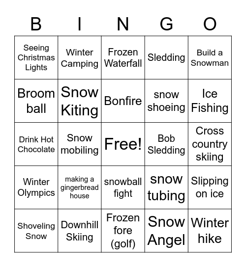 Winter Activities Bingo Card